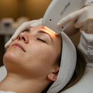Aplicación de luz pulsada en rostro para rejuvenecimiento facial