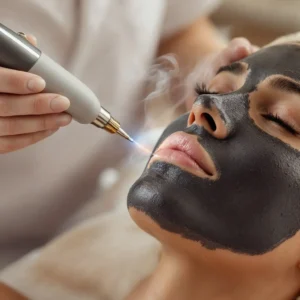 Aplicación de Hollywood Peel con láser y carbón activado en rostro femenino
